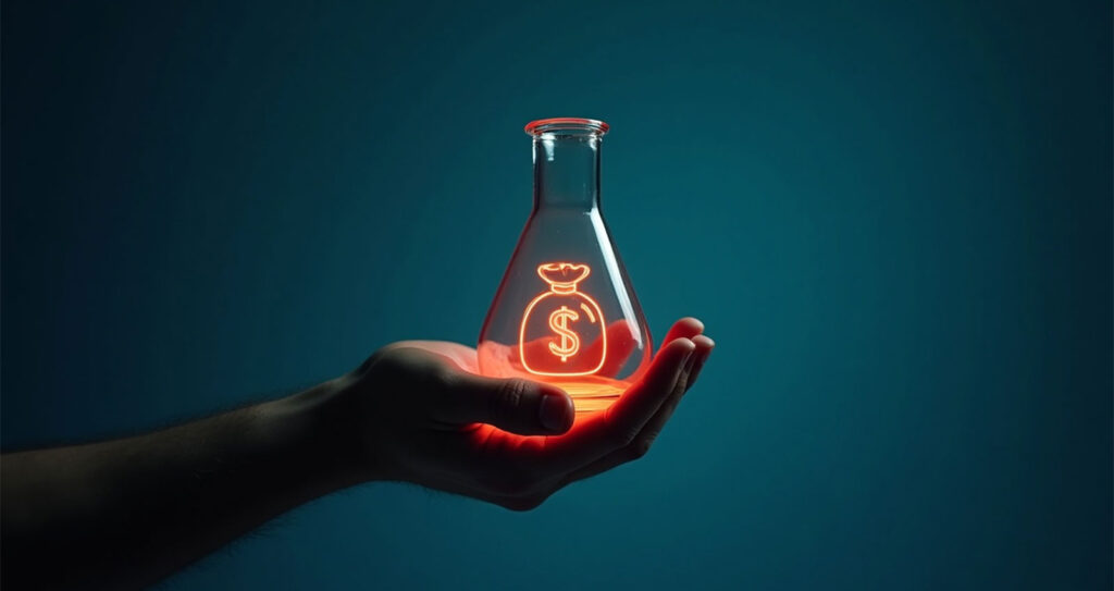 hands holding beaker with money sign