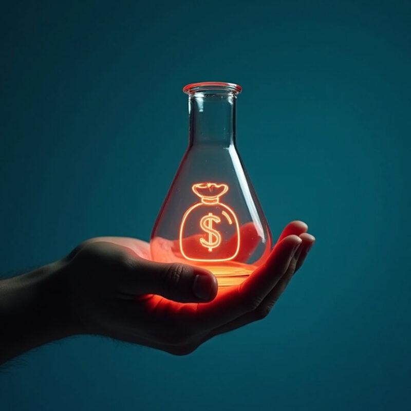hands holding beaker with money sign